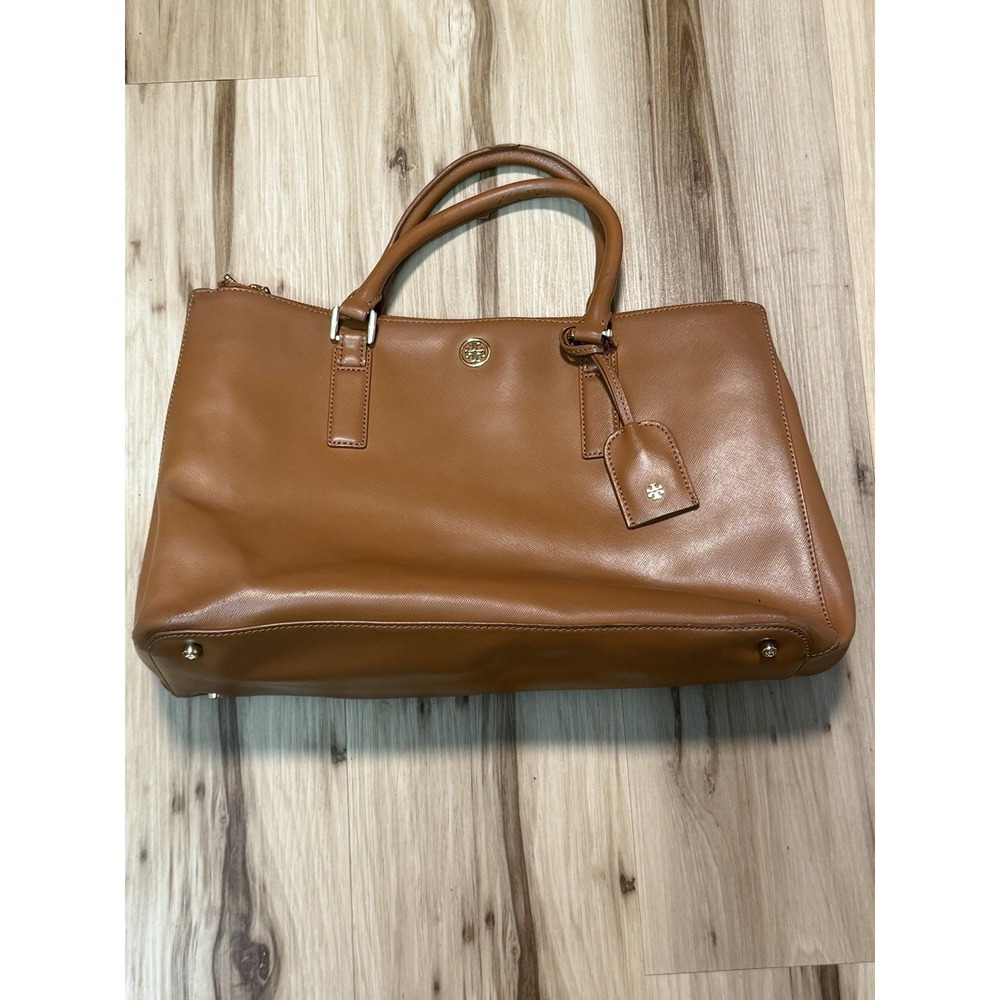 Tory Burch Robinson Double Zip Tote Brown Saffiano Leather